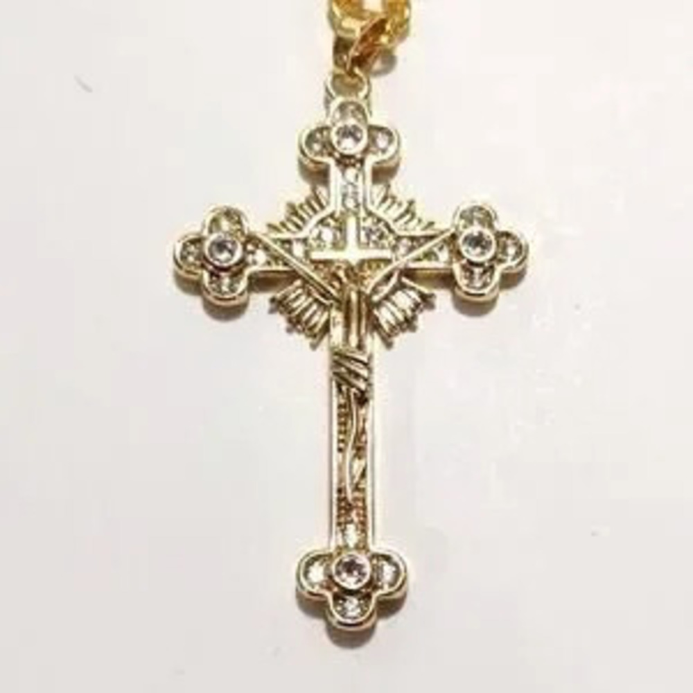 Golden Christian Cross Crucifix Necklace Rhinestone Gemstone Christmas Birthday